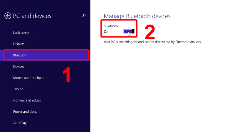 Bạn nhấn vào tab “Bluetooth” rồi gạt công tắc sang phải để hoàn tất cách bật Bluetooth trên laptop.