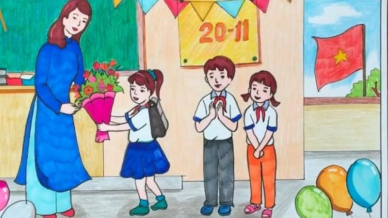 Bức tranh 20/11 chủ đề "Tặng hoa tri ân"