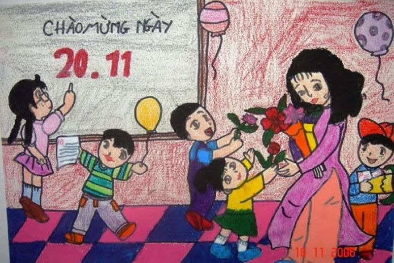 Tranh vẽ các bé tặng hoa cô giáo