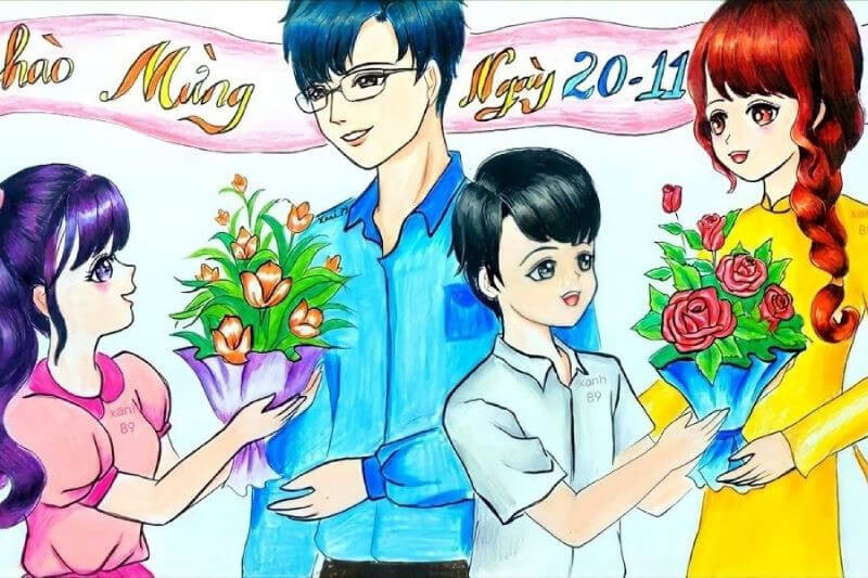 Bức tranh hai em học sinh tặng hoa cho thầy cô