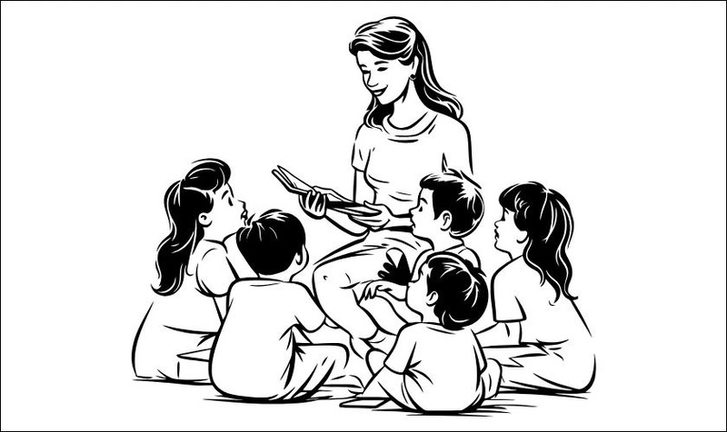 Tranh vẽ cô giáo và các em học sinh