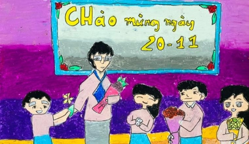 Tranh vẽ học sinh tặng quà và hoa cho thầy giáo