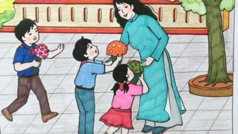 Tranh vẽ học sinh đang tặng hoa cho giáo viên