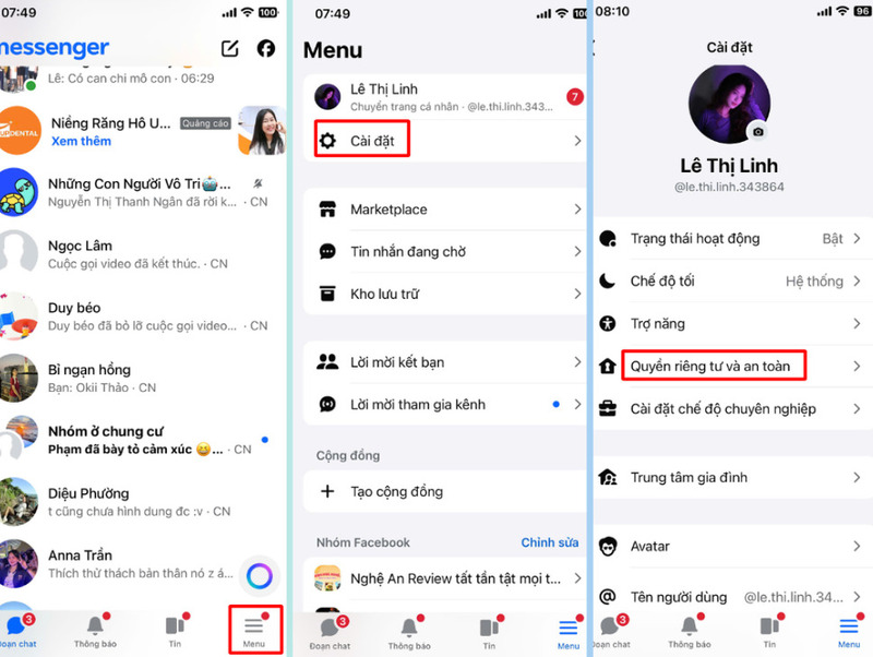 Vào menu và mở Cài đặt rồi chọn mục Quyền riêng tư và an toàn