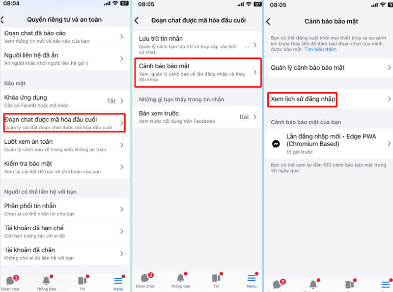 Vào mục Cảnh báo bảo mật để xem lịch sử đăng nhập
