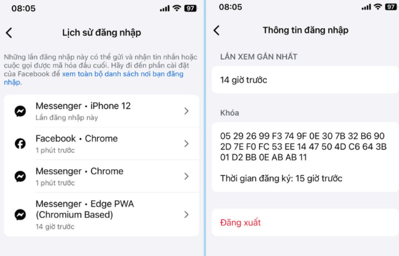 Danh sách lịch sử đăng nhập Messenger trước đó