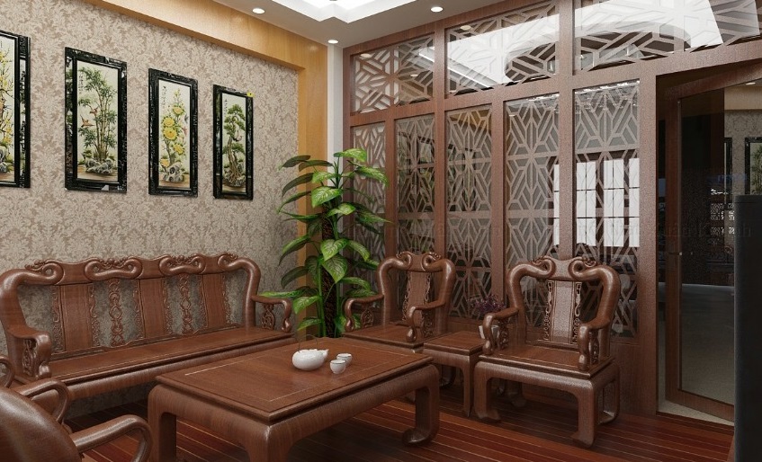 Thiết kế trang trí phòng khách với bàn ghế gỗ sang trọng và tiện nghi